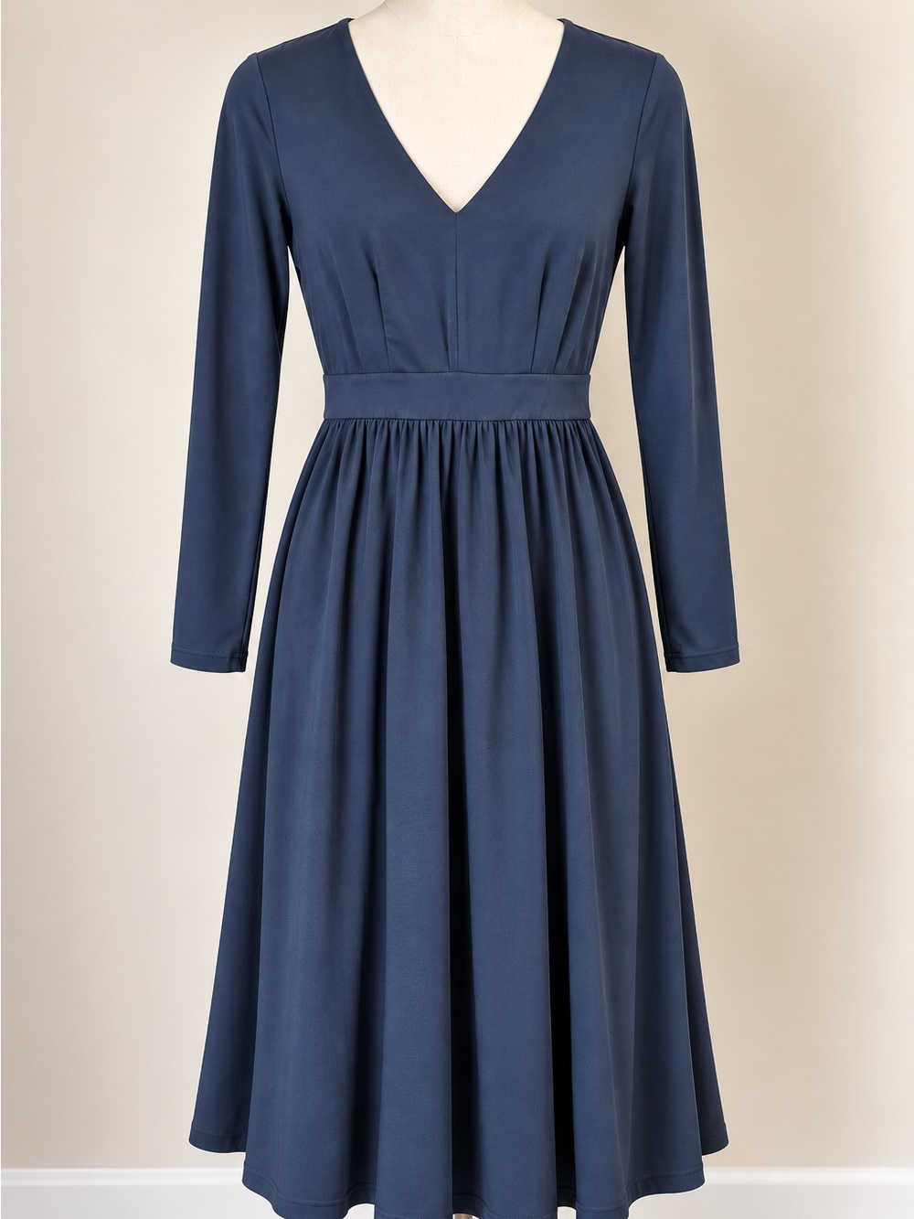 Classic V-Neck Long Sleeve Navy Dress